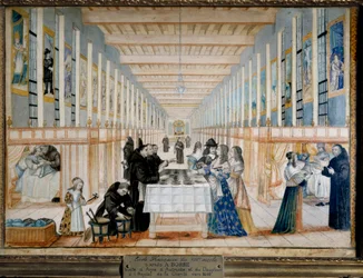 Udsigt over Infirmary of Charite (Charity Hospital også kaldet Bros Hospital of Saint-Jean-de-Dieu), i Paris, under et besøg af Anne af Østrig (1601-1666), spædbarn af Spanien, Dronning af Frankrig og Navarra. kommende kongedelfin Ludvig XIV er også repres