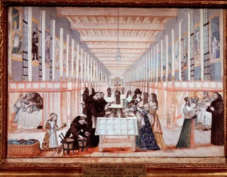 Besøg af Anne af Østrig på Hospital of the Sisters of Charity. Med delfinen (senere Louis IV) (gouache, ca. 1640)