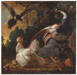 En påfugl, fjerkræ og en skade i et landskab, 1720