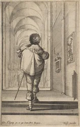 En herre set bagfra gå ind i en kirke, ca. 1629.