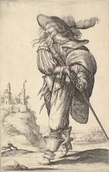 En herre, der går mod venstre og trækker sit sværd fra skeden, iført en plu..., 1629.