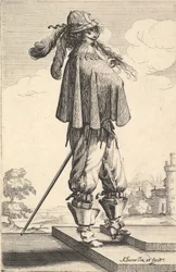 En herre iført en kort frakke, en hjelm og støvler med sporer, stående på trappen og..., 1629.