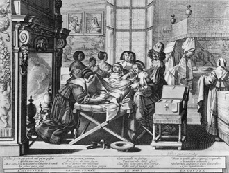 Gravureserie (vandforte) med titlen "Ægteskab til byen" fra 1633 af Abraham Bosse - "Fødsel": på arbejdslejet.
