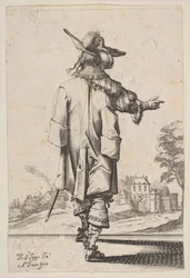 Gentleman set bagfra og peger mod et slot, 1629.