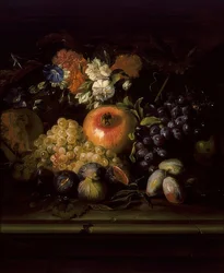 Stilleben med blomster og frugter