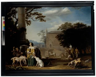 Et skovklædt landskab med jægere og deres dyr, der hviler på et vandingssted