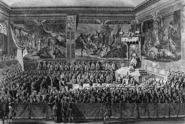 Første af den franske revolution: Bed of Justice holdt i Versailles den 6. august 1787 af kongen af Frankrig Ludvig XVI (1754-1793). Tegning og gravering af Abraham Girardet. Paris, bibliotek for Institut for Revolutionshistorie