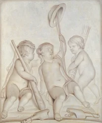 De tre keruber (grisaille), Putti med attributterne til Hercules og Mercury, 1767