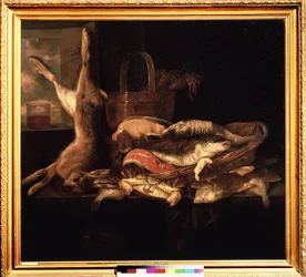 "Stilleben med fisk og en død hare" Maleri af Abraham Hendricksz van Beyeren (1620/21-1690) (ec. holl.) Pushkin-museet fra det 17. århundrede, Moskva