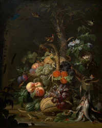 Stilleben med frugt, fisk og en rede, ca. 1675