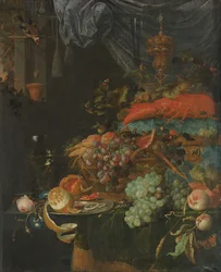 Stilleben med frugt og en guldfink