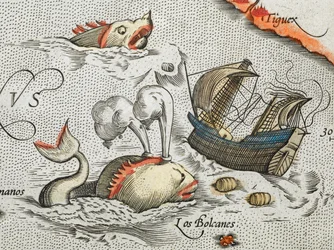 (Detalje). Sømonstre, der angriber et skib.