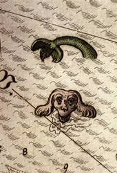 Et havmonster har et hundehoved og en fiskekrop. Detalje af et kort i "Theatrum Orbis Terrarum" af Abraham Ortelius, Antwerpen 1584.