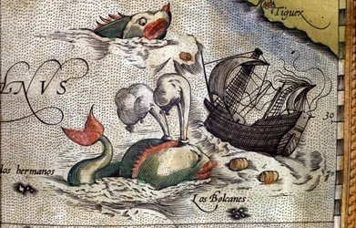En hval angriber et skib. Tallerken fra en udgave af "Theatrum Orbis Terrarum" af kartografen Abraham Ortelius (1527-1598)