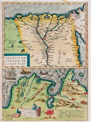 En nyere Beskrivelse af Ægypten. - Carthage Bay Type Geografisk kort over Egypten med byerne Nilen og Kartago (Tunesien) fra "Theatrum Orbis Terrarum" af Abraham Ortelius (Oertel, Ortell eller Ortel