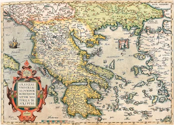 Graeciae Universae Secundum Hodiernum Neoterica Descriptio Geografisk kort over Grækenlands territorium med Peloponnes og øerne taget fra "Theatrum Orbis Terrarum" af Abraham Ortelius (Oertel, Ortell eller Ortel