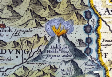 Vulkanen Hekla på Island. Atlas af Abraham Ortelius, Amsterdam 1588.