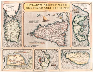 En beskrivelse af nogle øer i Middelhavet. Geografisk kort over middelhavsøerne Sicilien, Sardinien, Korfu, Malta, Djerba og Elba (Sicilien, Sardegna, Colfu, Malta Djerba, Elba) fra "Theatrum Orbis Terrarum" af Abraham Ortelius (Oertel, Ortell)