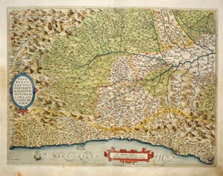 Kort over regionen Piemonte, Italien, fra Theatrum Orbis Terrarum af Abraham Ortelius