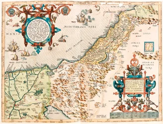 Geografisk kort over Palæstinas territorium fra "Theatrum Orbis Terrarum" af Abraham Ortelius (Oertel, Ortell eller Ortel