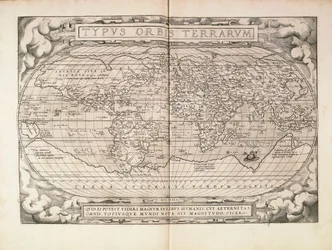 Planisphere fra Theatrum Orbis Terrarum af Abraham Ortelius, trykt i Antwerpen