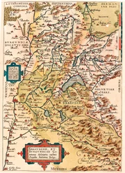 Sabaudia et Burgundiae Comitus beskrivelse Kort over territoriet Bourgogne og Savoyen (Pontarlier, Dijon, Leman-søen, Schweiz) fra "Theatrum Orbis Terrarum" af Abraham Ortelius (Oertel, Ortell eller Ortel).