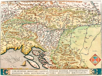 En ny beskrivelse af Slavonien, Kroatien, Carnia, Istrien, Bosnien og naboregioner af Augustino Hirsuogelius Geografisk kort over områderne Slavonien, Kroatien, Bosnien og Dalmatien fra "Theatrum Orbis Terrarum" af Abraham Ortelius (Oertel,