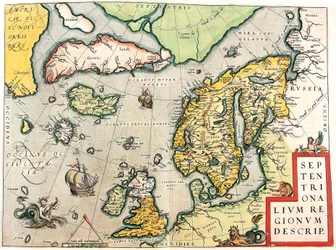 Beskriv. Geografisk kort over Skandinavien og Nordeuropa fra "Theatrum Orbis Terrarum" af Abraham Ortelius (Oertel, Ortell eller Ortel