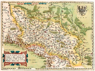 Silesia Typus Descriptio and Descriptus og udgivet af Martino Heilwid Neilsense, og dedikeret til den adelige mand Nicolao Rhedinger Anno 1561 Geografisk kort over territoriet syd for Frankfurt i Tyskland nær Polen fra "Theatrum Orbis Terrarum" af Abraham 
