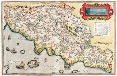 af Thuscia. Beskrivelse af Hieronymus Bellamarto Geografikort over Toscanas territorium i Italien fra "Theatrum Orbis Terrarum" af Abraham Ortelius (Oertel, Ortell eller Ortel