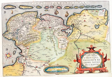 Begge af Frisii, af det nye distrikt. Beskrivelse Geografisk kort over Hollands territorium med byerne Groningen (Groeningen) og Leeuwarden... taget fra "Theatrum Orbis Terrarum" af Abraham Ortelius (Oertel, Ortell eller Ortel