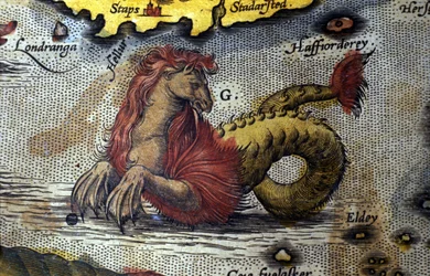 repræsentation af et havmonster mi hest mi søslange. Tallerken fra en udgave af "Theatrum Orbis Terrarum" af kartografen Abraham Ortelius (1527-1598)