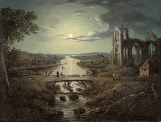 Månebelyst udsigt over floden Tweed med Melrose Abbey i forgrunden og figurer på en bro