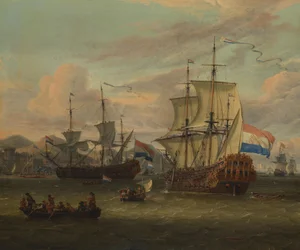 Hollandske kystfartøjer ved en havn ved Middelhavet