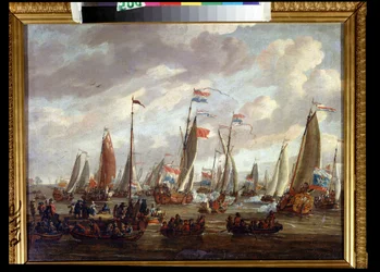Zar Peter I besøgte England i januar 1698 (Zar Peter I besøgte England i januar 1698). Peter I af Rusland, Piotr Alekseevich Romanov eller Peter den Store (1672-1725). Maleri af Abraham Storck (1635-1710). Olie på lærred, 48 x 64 cm, deb