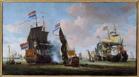 Marinemaleri: scene fra et søslag. Maleri af Abraham Storck (1635-1710), 17. århundrede, Angers, Museum for Skønne Kunster