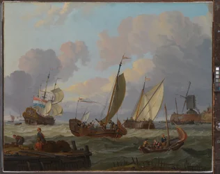 Skibe passerer en vindmølle, ca. 1690 (olie på lærred)