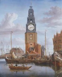 Udsigt over Haringspackertårnet i Amsterdam, med en urskive indfældet i maleriet, 1684 (panel)