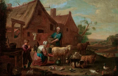 Bondefamilie med kvæg, får og geder i en gård (olie på lærred)