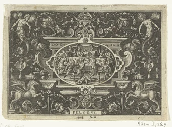 Cartouche: Phineus forstyrrer Perseus og Andromedas bryllup PERSEUS (titel på objekt) Ovale kartoucher med scener fra Perseus