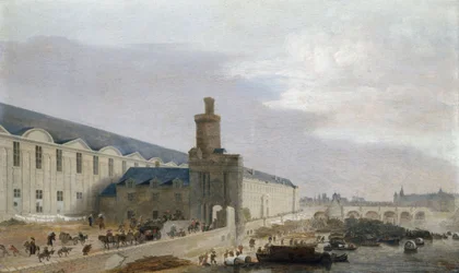 Fransk: La Grande Galerie du Louvre avec la porte Neuve et la tour de Bois Udsigt over Paris med Louvres store galleri, Tour de Bois og Pont Neuf