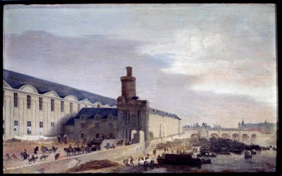 Udsigt over Porte Neuve og Galerie du Louvre omkring 1640. Indgang til Louvre ved bredden af ​​Seinen. Maleri af Abraham de Verwer (1600-1650) 1640 Dim. 0,37 x 0,59 m Paris, Musee Carnavalet