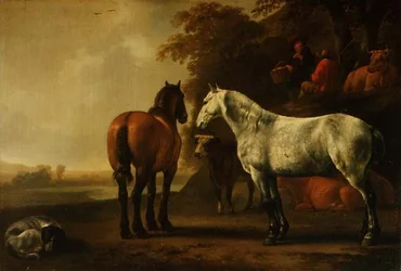 Heste og kvæg i et landskab (panel)