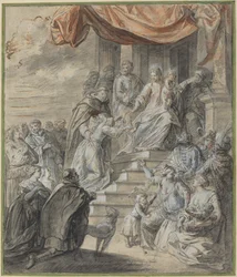 Madonna og barn med rosenkrans og helgen
