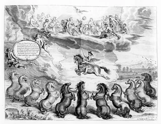 Marquess of Newcastle rider på Pegasus foran en forsamling af de græske guder og modtager salut fra jordiske heste, illustration fra en ridemanual af Marquess of Newcastle, udgivet