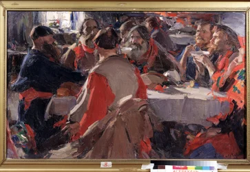 Tea time (Te drikkelse). Maleri af Abram Yefimovich Arkhipov (1862-1930). Olie på lærred, 79 x 31 cm. Russisk kunst, slutningen af ​​det 19.-begyndelsen af ​​det 20. århundrede. Statens B. Kustodiev kunstgalleri, Astrakhan (Rusland).