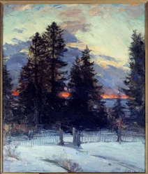 Solnedgang på vinterlandskab. Maleri af Abram Arkhipov (1862 - 1930) Ec. Rus.