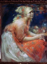 En ung bondepige (En bondepige). Maleri af Abram Yefimovich Arkhipov (1862-1930). Pastel på lærred, 88 x 71 cm