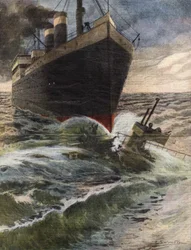 Et tysk transatlantisk hav vælter og brækker en ubåd fra den engelske flåde ud for Dovers kyst - Illustration af Beltrame - "" La Domenica del Corriere"" oktober 1912