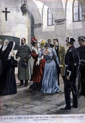 I Madrid bliver en ung kvinde, Mademoiselle Ubao, revet fra livet som en nonne i et kloster, hvor hun var på forslag fra jesuitterne. Illustration af Beltrame. Domenica del corriere. 1901.